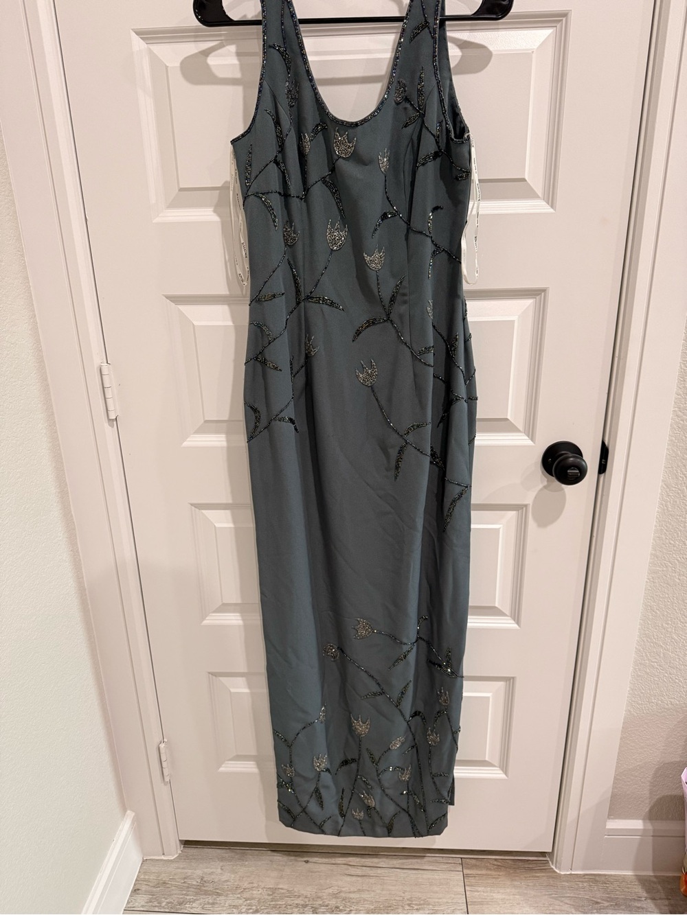 Beaded Slate Green Maxi Dress with Floral Embroidery